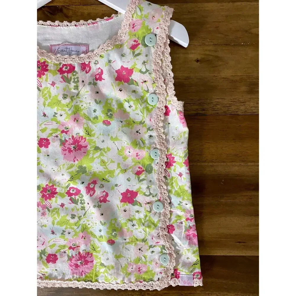 NWT SweetHoney Sleeveless Playsuit Set Summer Blooms Pink Green Gingham Shorts